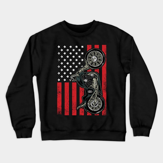 Vintage Patriotic Motorcycle with Distressed American Flag Crewneck Sweatshirt by Acroxth